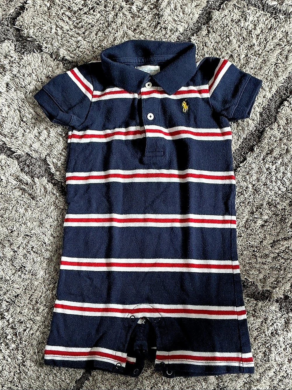 Ralph Lauren Striped Cotton Polo Romper Blue & Red Baby 9M